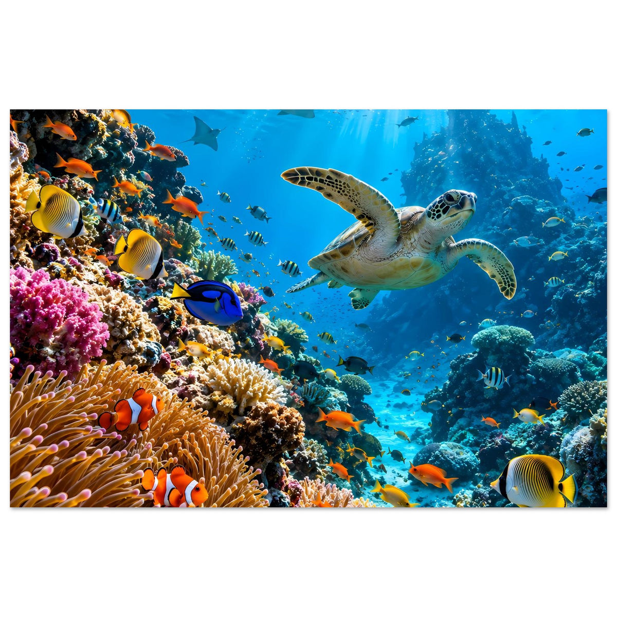 Meerposter mit Schildkröte und bunten Fischen über Korallenriff im Vordergrund