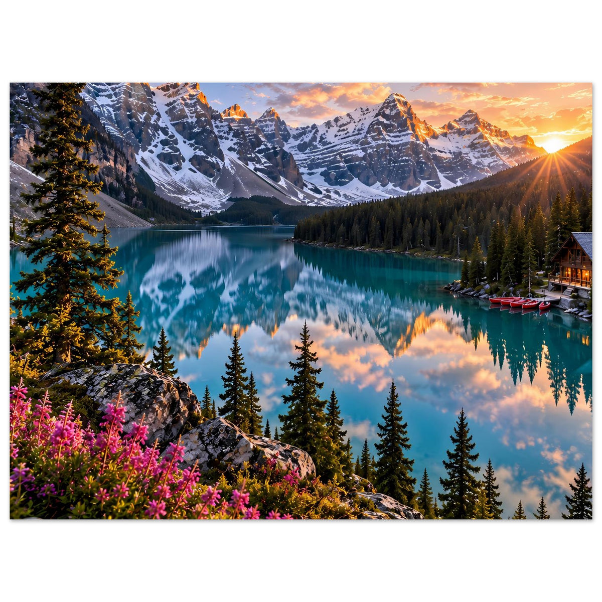 Querformat-Poster mit Gebirgssee bei Sonnenuntergang, türkisfarbenes Wasser, Berge und rote Boote