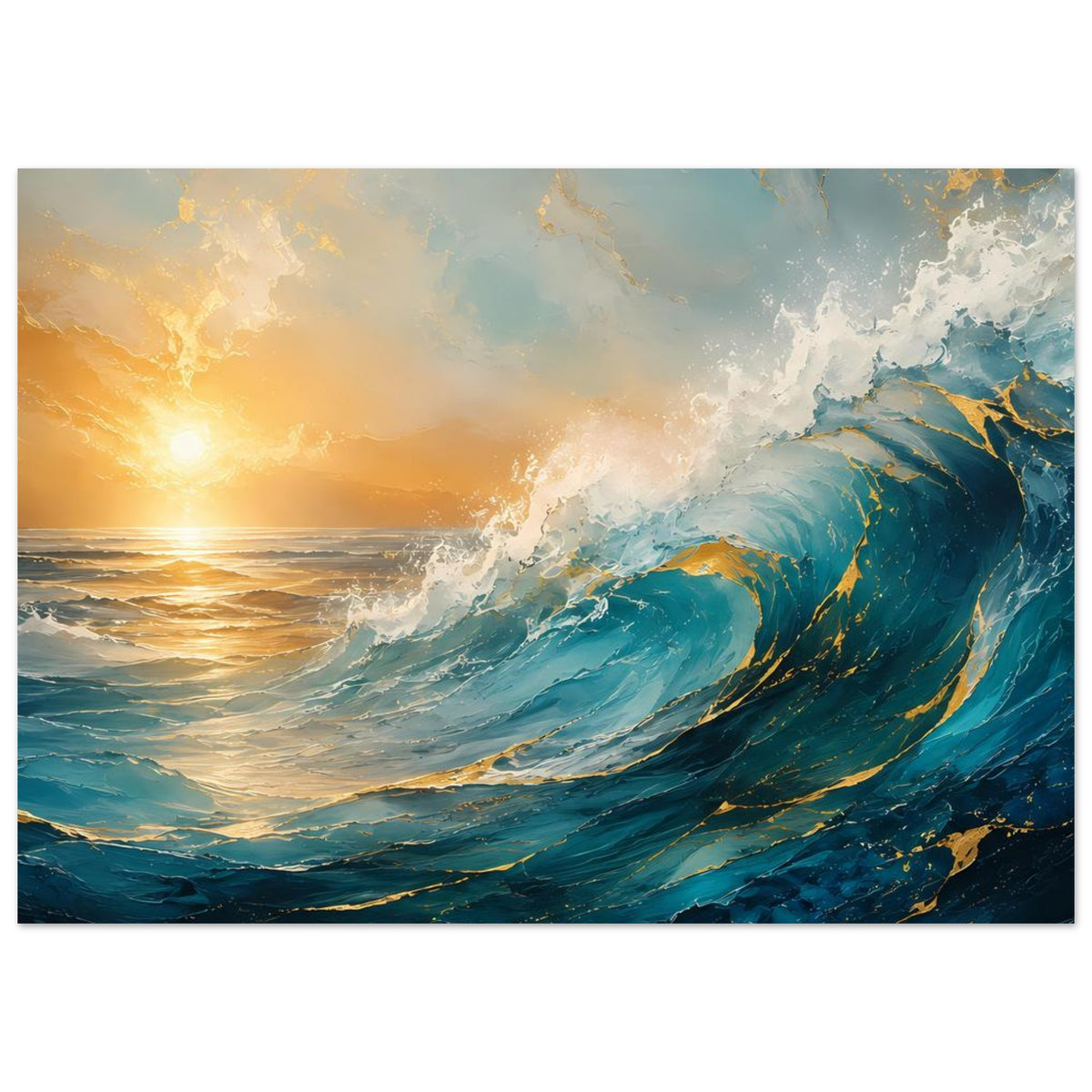 Poster mit Ozeanwelle am Strand bei Sonnenuntergang, türkis, blau und gold
