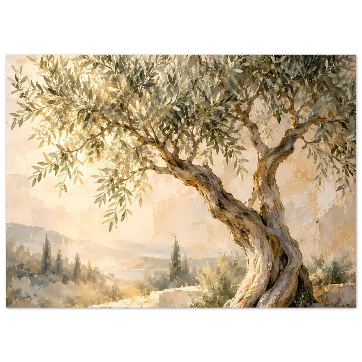 Landschaftsposter mit Olivenbaum und Landschaftshintergrund, gedämpfte Creme-, Oliv- und Goldfarben