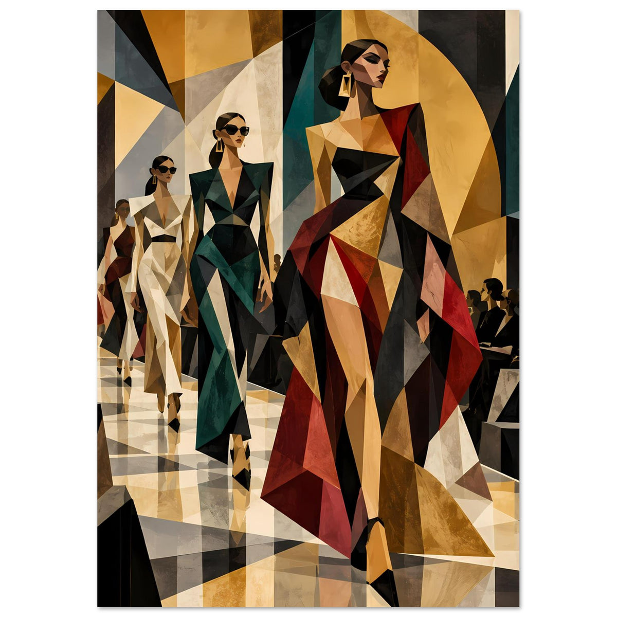 Fashion-Poster im Hochformat mit geometrischem Laufstegmotiv, Frauen in Juwelenfarben