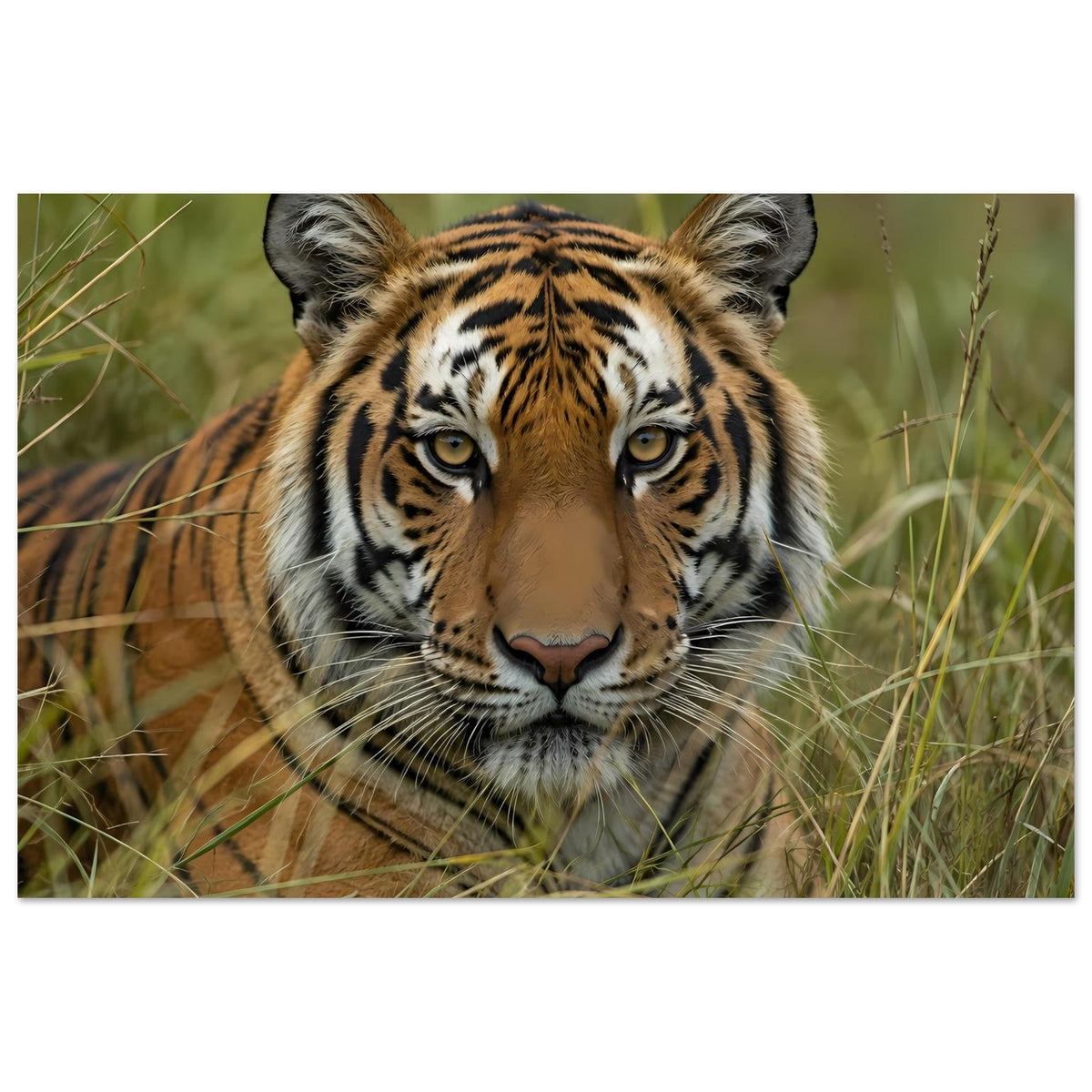 Wildtier-Poster, horizontal: Tigerkopf im Gras, scharfe Augen und gestreiftes Fell