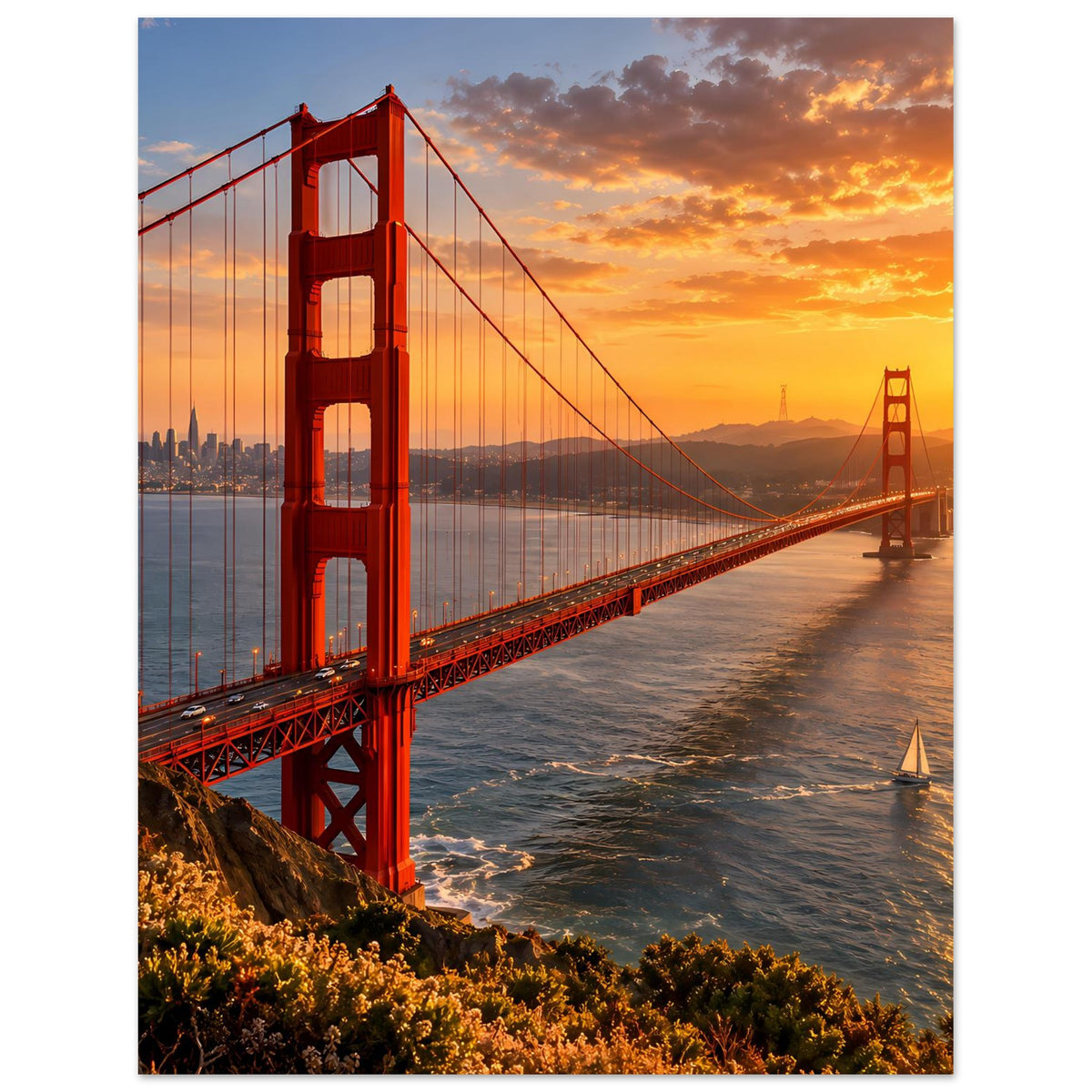 Poster mit roter Hängebrücke bei Sonnenuntergang, vertikales Motiv mit Uferpflanzen