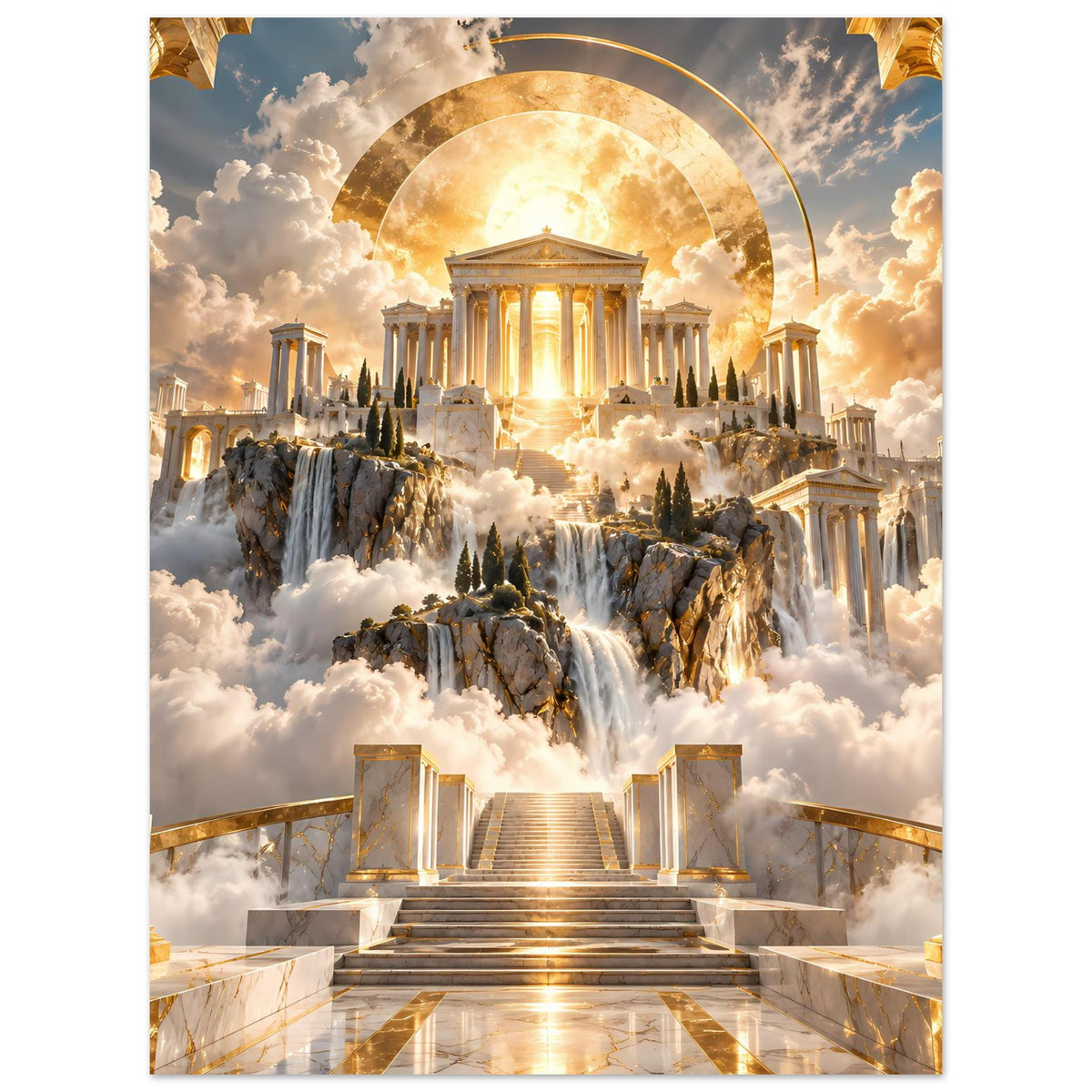 Poster mit Tempel und goldener Halbkreis-Galerie, Treppe, Säulen und Wolken