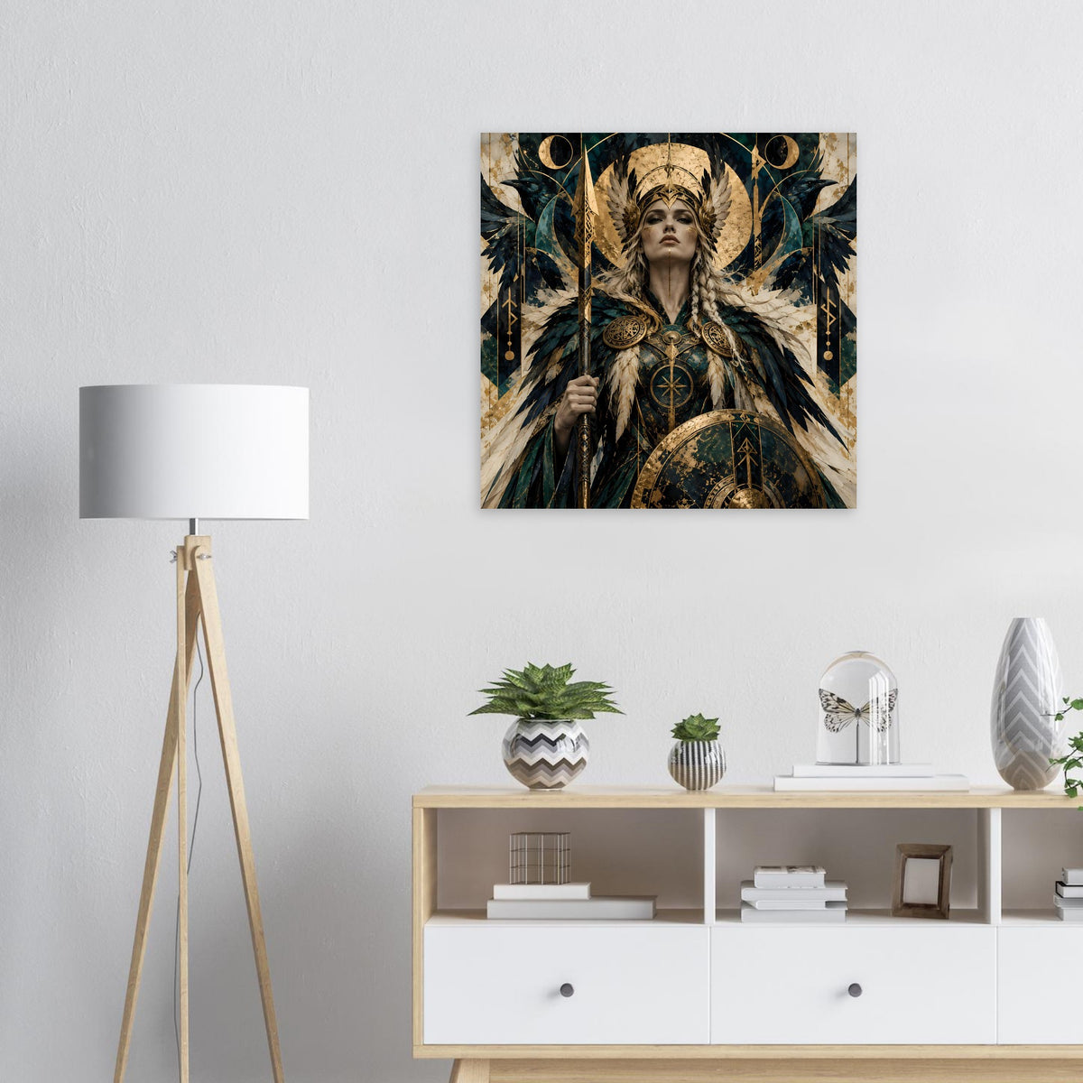 Wikinger-Poster mit nordischer Kriegerin, petrolgrünen Flügeln und goldenen Ornamenten