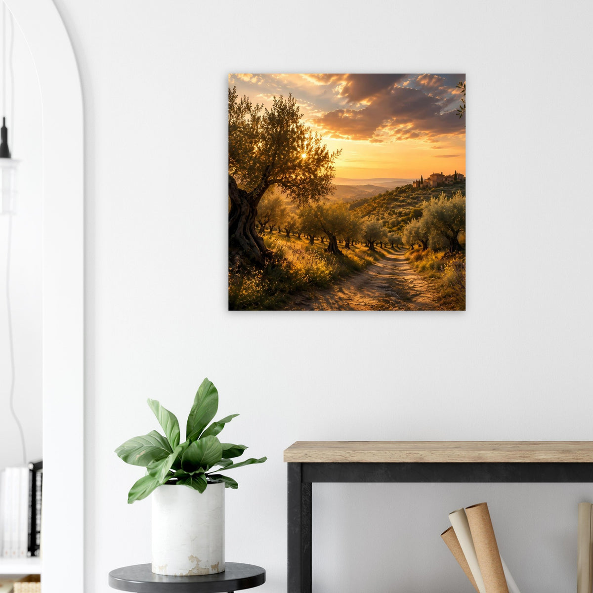 Poster mit Olivenbäumen, Feldweg und Sonnenuntergangshimmel
