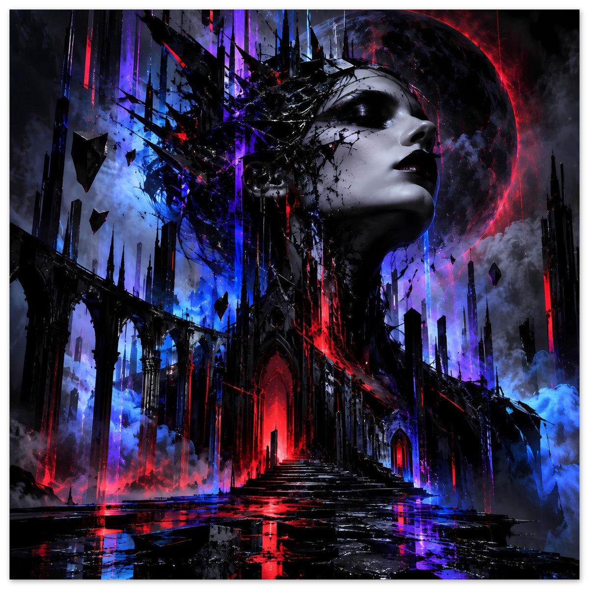 Gothic-Poster: Frauenprofil im Profil, gotische Kulisse, Neonrot und -blau mit Bodenreflexen
