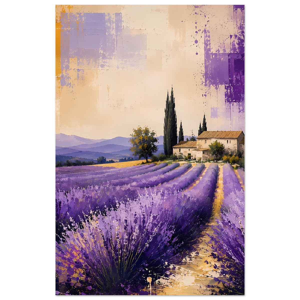 Kunstposter mit Lavendelfeld in Violett, Landhaus und Zypressen, abstrahierte Pinseloptik