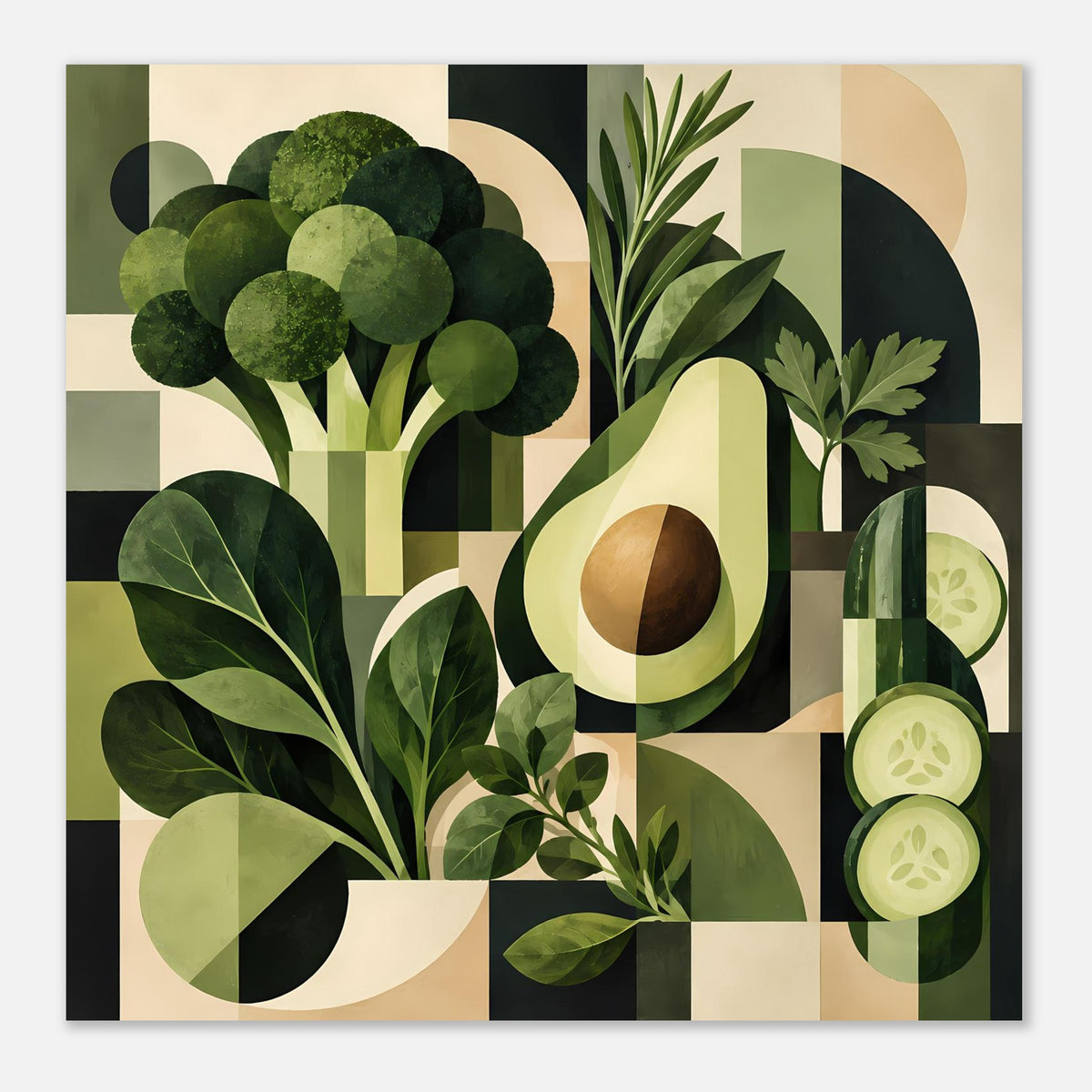 Abstraktes Gemüse-Poster mit Avocado, Blättern und Gurkenscheiben in verschiedenen Grüntönen