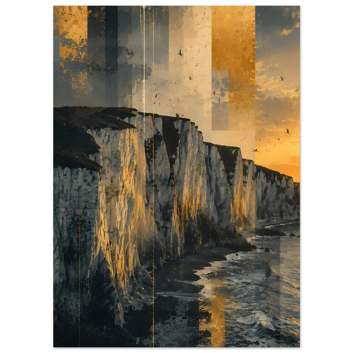 Poster im Hochformat mit dunklen Klippen, goldenen Reflexen an der Felswand und Küstenmeer