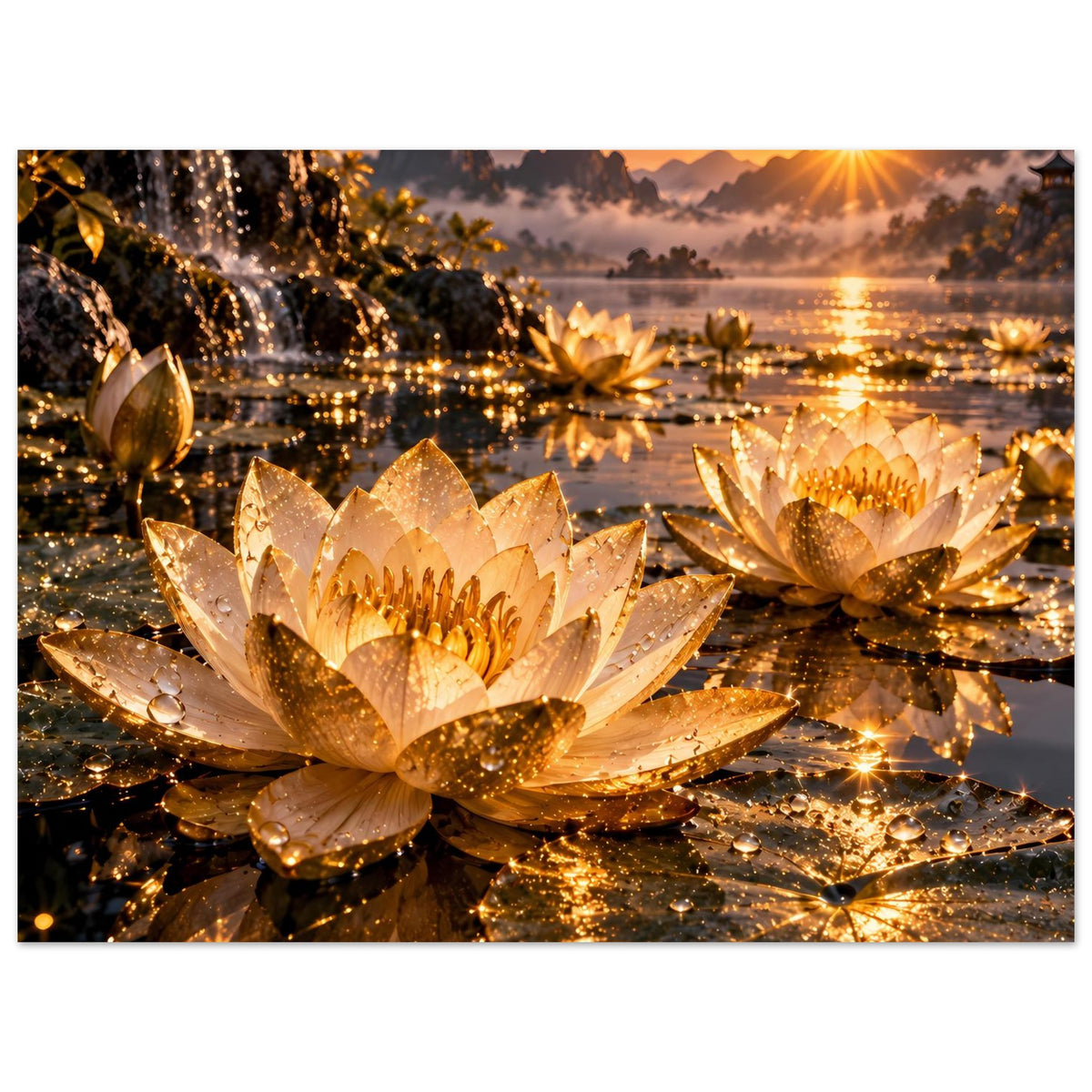 Rechteckiges Poster mit mehreren goldenen Lotusblüten, goldenem Funkeln und Sonnenuntergang