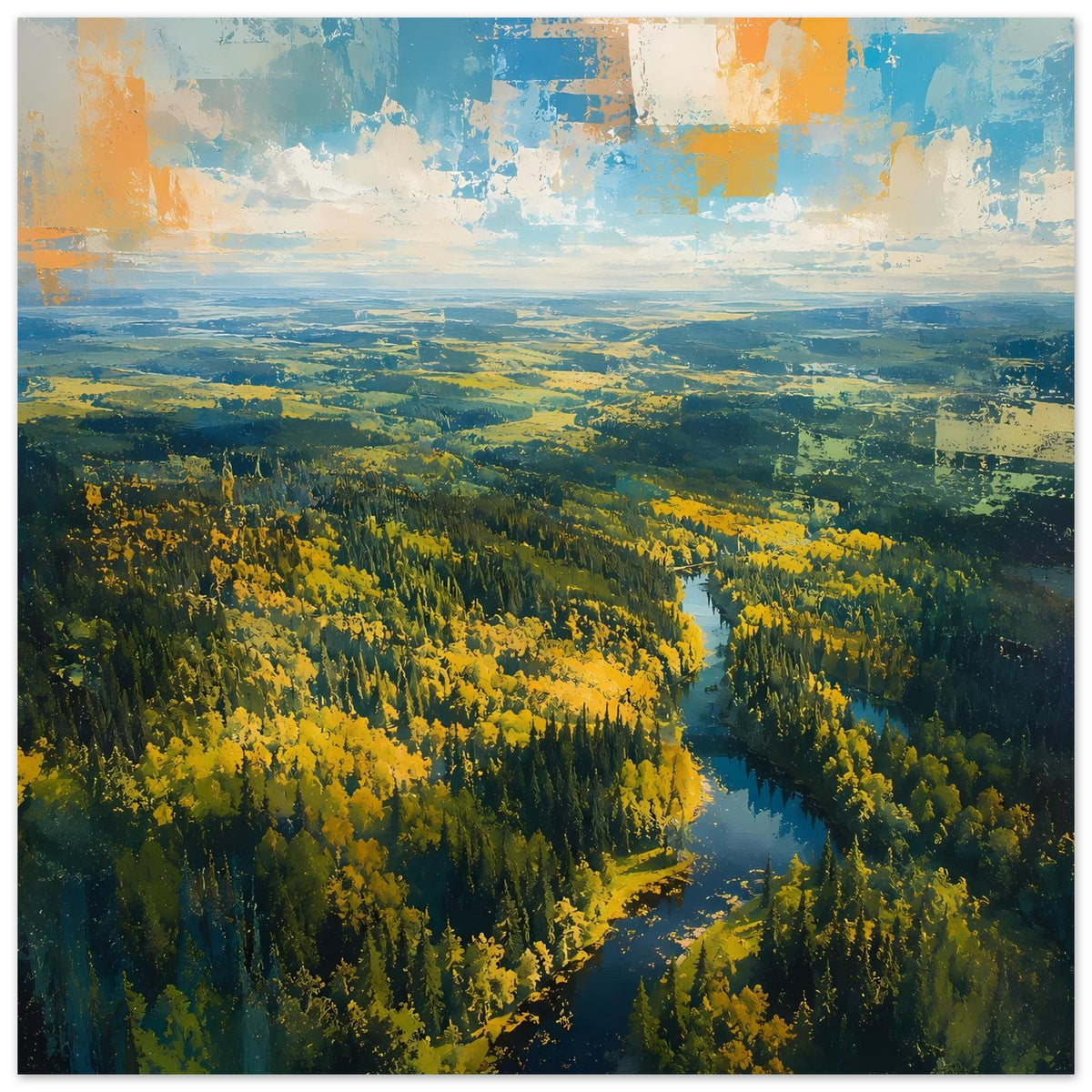 Herbstwald-Poster mit Fluss im Tal, gelbes Laub und sattgrüne Wälder, gerahmt