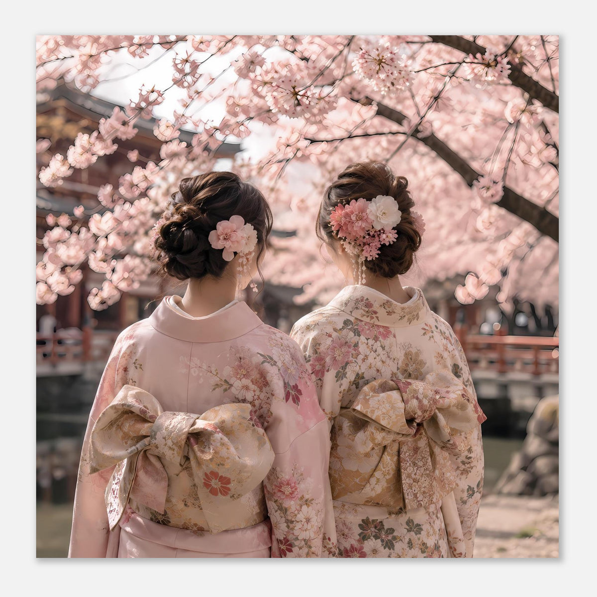 Poster: zwei Personen in Pastell-Kimonos, seitlicher Blick, Kirschblüten hinter ihnen