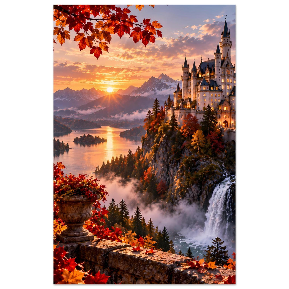 Herbstliches Schloss-Poster (Ausschnitt) mit Sonnenaufgang, Schloss am Hang, Wasserfall