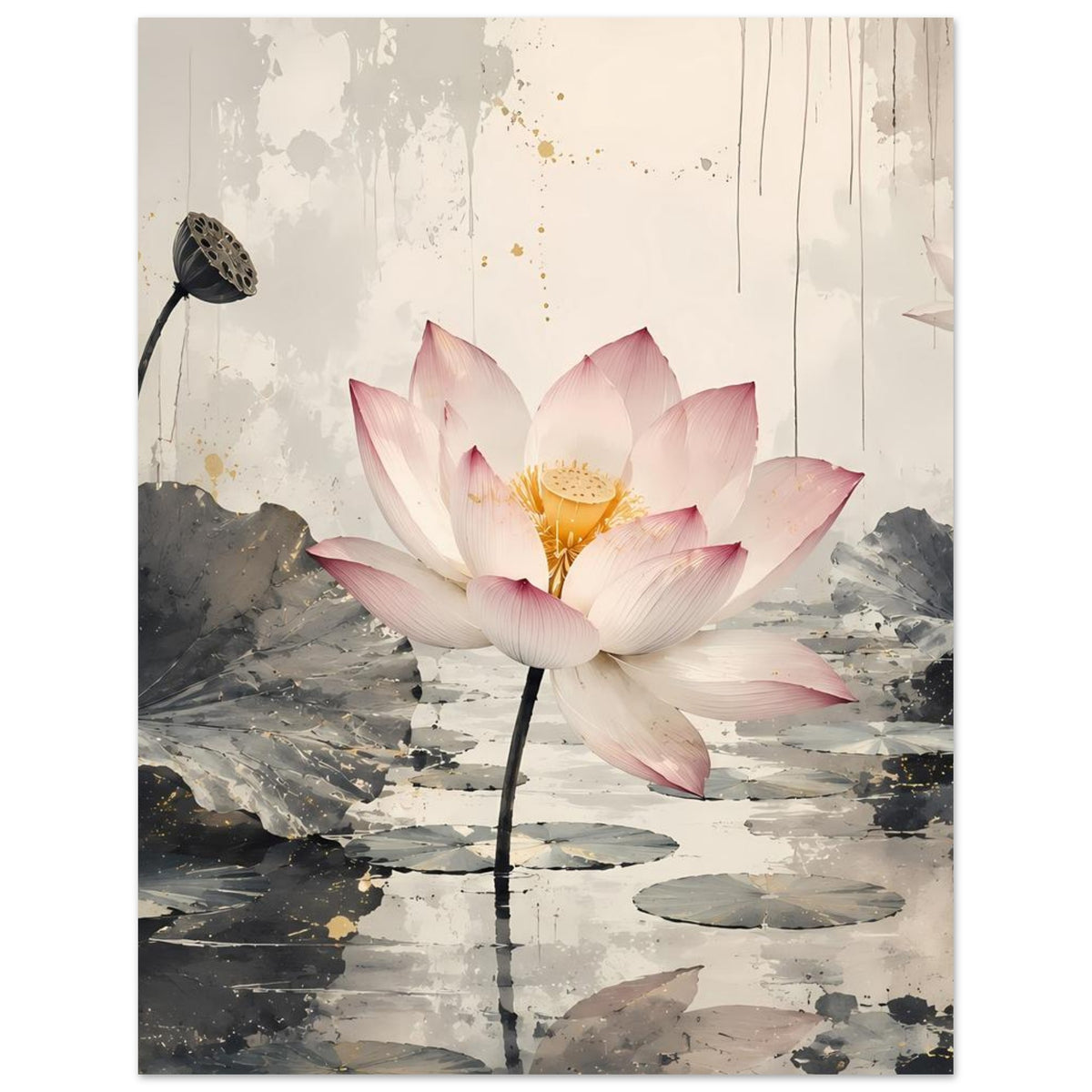 Zen-Poster mit rosa und weißer Lotusblüte auf grauem Seerosenteich, klare Komposition
