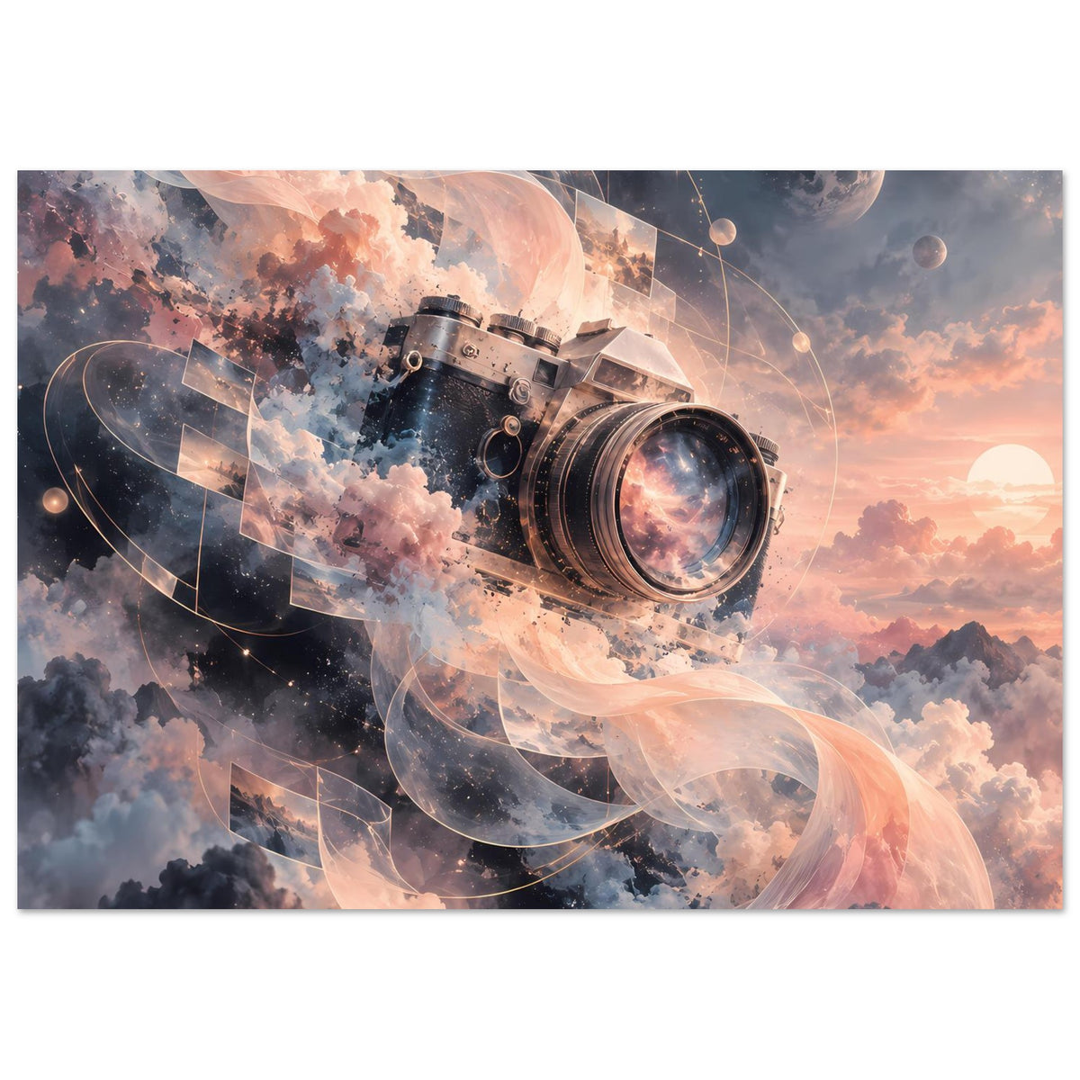Poster im Querformat: Retro-Kamera, orange Rauchspirale, Wolken und Mondscheibe