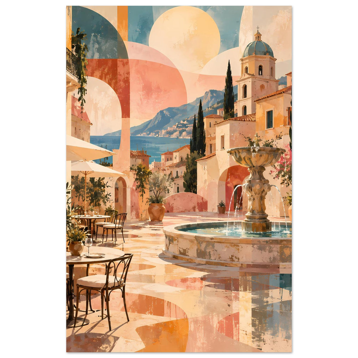 Mediterranes Poster im Hochformat: Brunnenanlage mit Kuppelgebäude und Zypressen, warmes Farbspiel