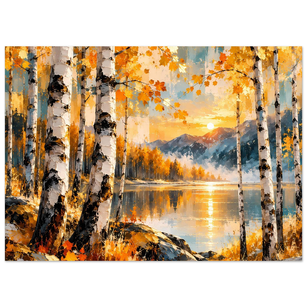 Herbstposter Birkenwald mit orangefarbenen Blättern, Seeufer und Sonnenuntergang im Hintergrund