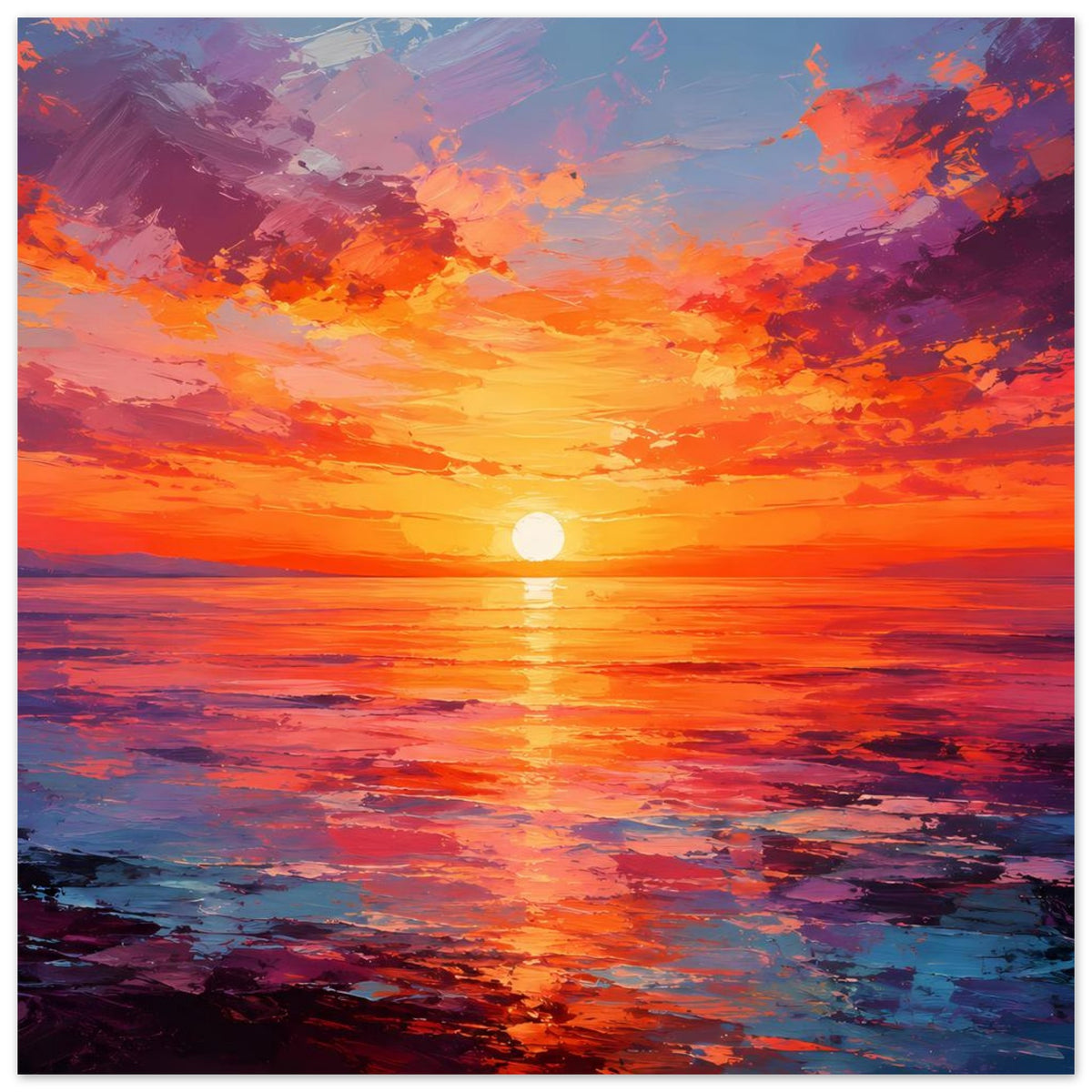 Quadratisches Poster mit Sonnenuntergang über Wasser, orangefarbene und violette Himmelsfarben