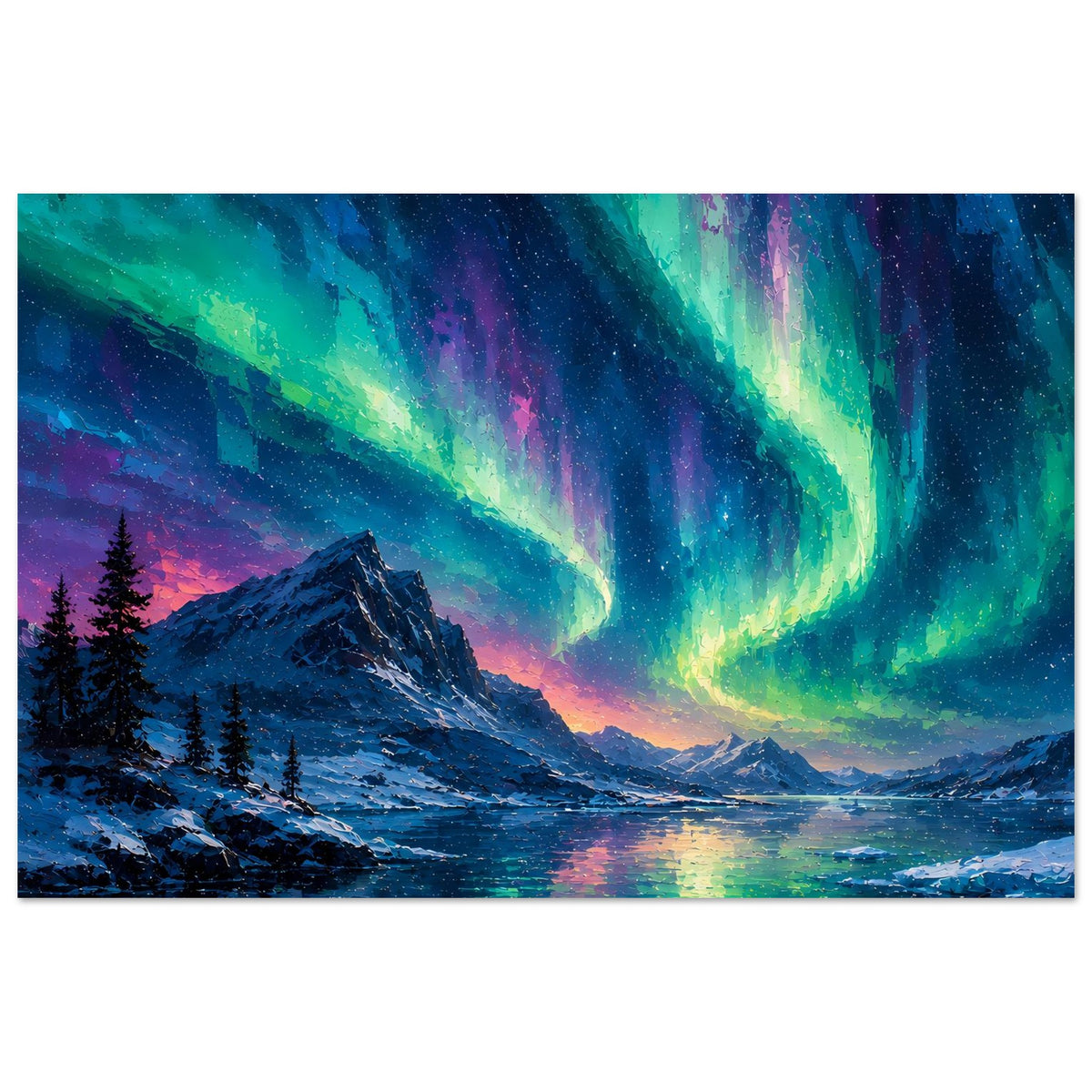 Fine-Art-Poster im Querformat: Nordlichter über Bergen, Wasserfläche mit bunten Reflexen