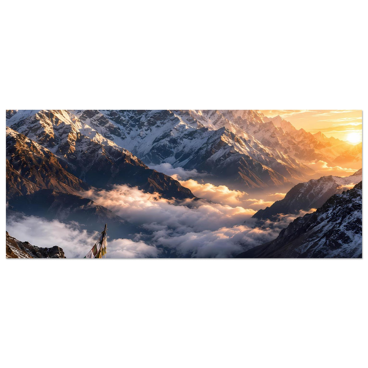 Horizontales Poster mit Bergkette und Sonnenaufgang über einer Wolkendecke
