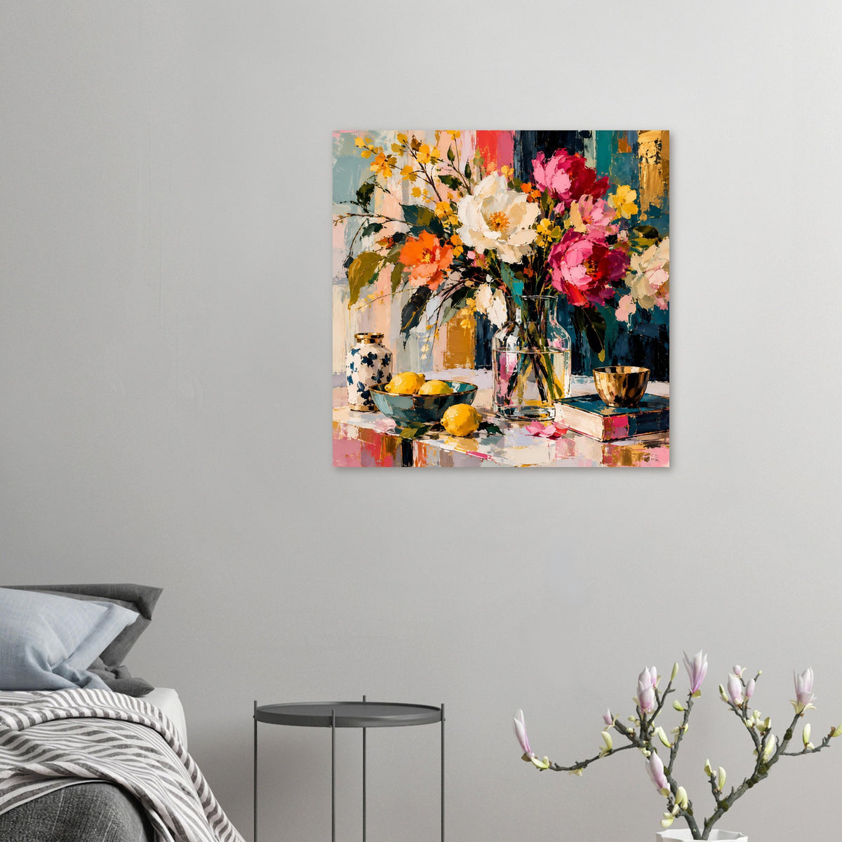 Quadratisches Blumenstillleben-Poster mit buntem Strauß, Glasvase und goldener Tasse