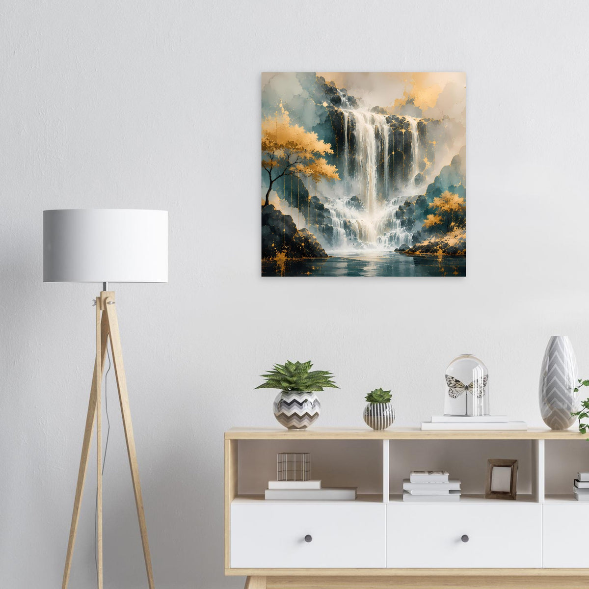 Quadratisches Wandposter mit Wasserfall-Motiv, gold-blaue Farbnuancen und Gewässer