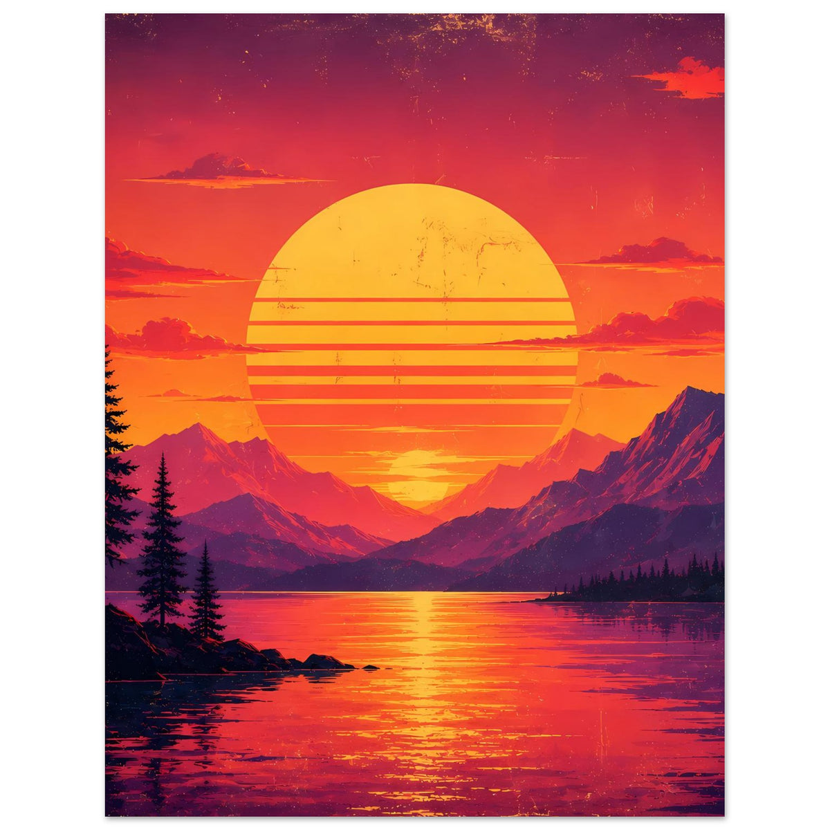 Poster mit Retro-Sunset: gelbe Sonne, Gebirge, Tannen links und reflektierender See