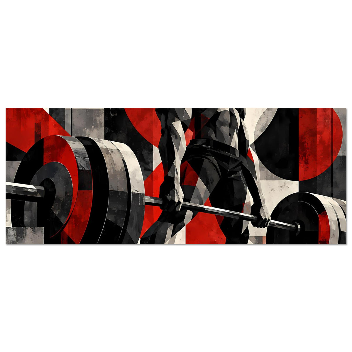 Fitnessposter, Panoramaansicht: Athlet stemmt Langhantel vor grafischem Schwarz-Rot-Design