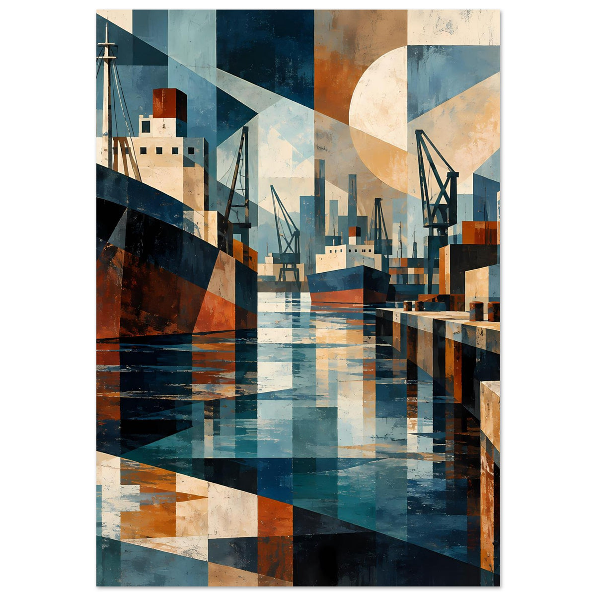 Kunstposter mit abstrahierter Hafenansicht: Kräne, Bauwerke und Wasser in Blau- und Erdtönen