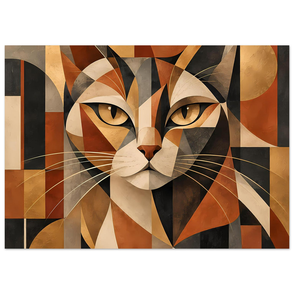 Geometrisches Katzenporträt-Poster in warmen Erdtönen, Close-up mit bernsteinfarbenen Augen