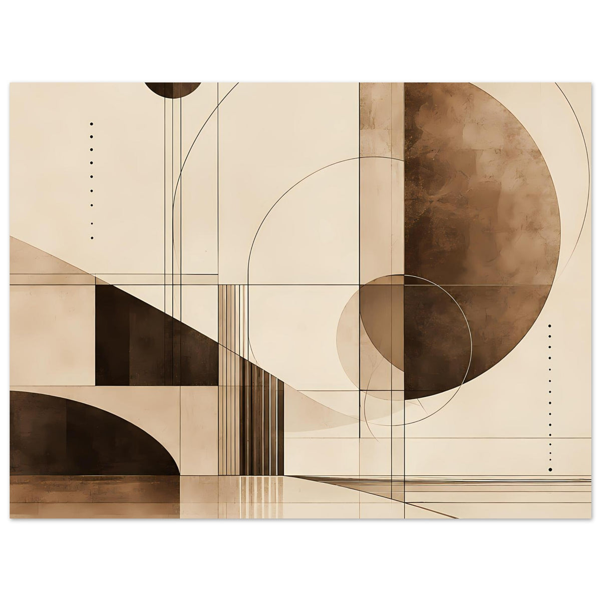 Horizontaler Kunstdruck mit geometrischem Sepia-Muster, Kreisen, Rechtecken und Linien