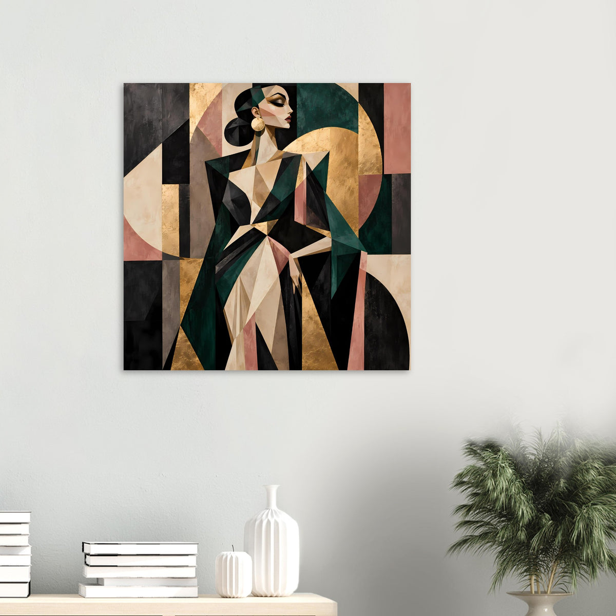 Abstraktes Poster mit geometrischer Frauenfigur in Olivgrün, Gold und Rosé