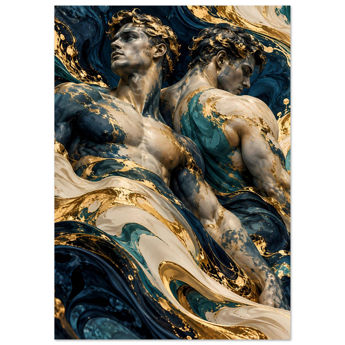 Kunstposter mit Aktfiguren, marmorierte Blau- und Goldtöne, stilisierte goldene Linien