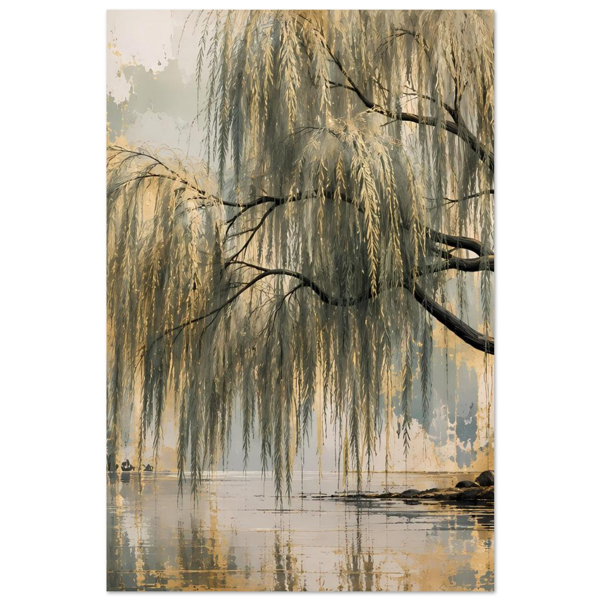 Weidenbaum-Poster im Hochformat, hängende Zweige und ruhiges Wasser unten