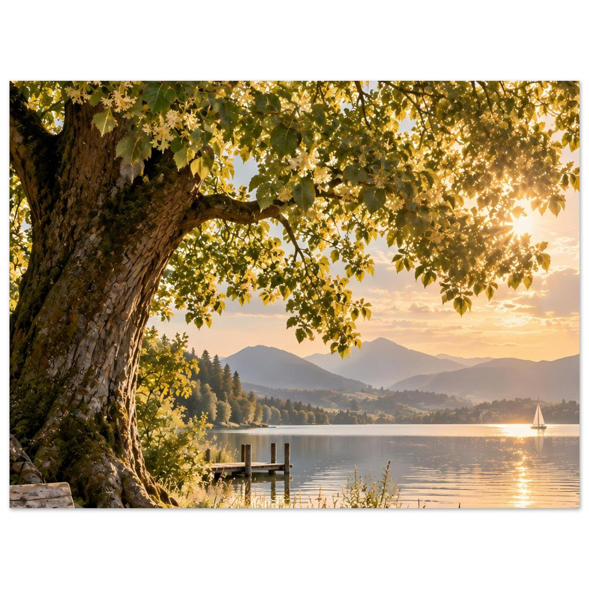 Naturposter: Baum am Ufer mit gelbem Blätterdach, See und Steg im Abendlicht