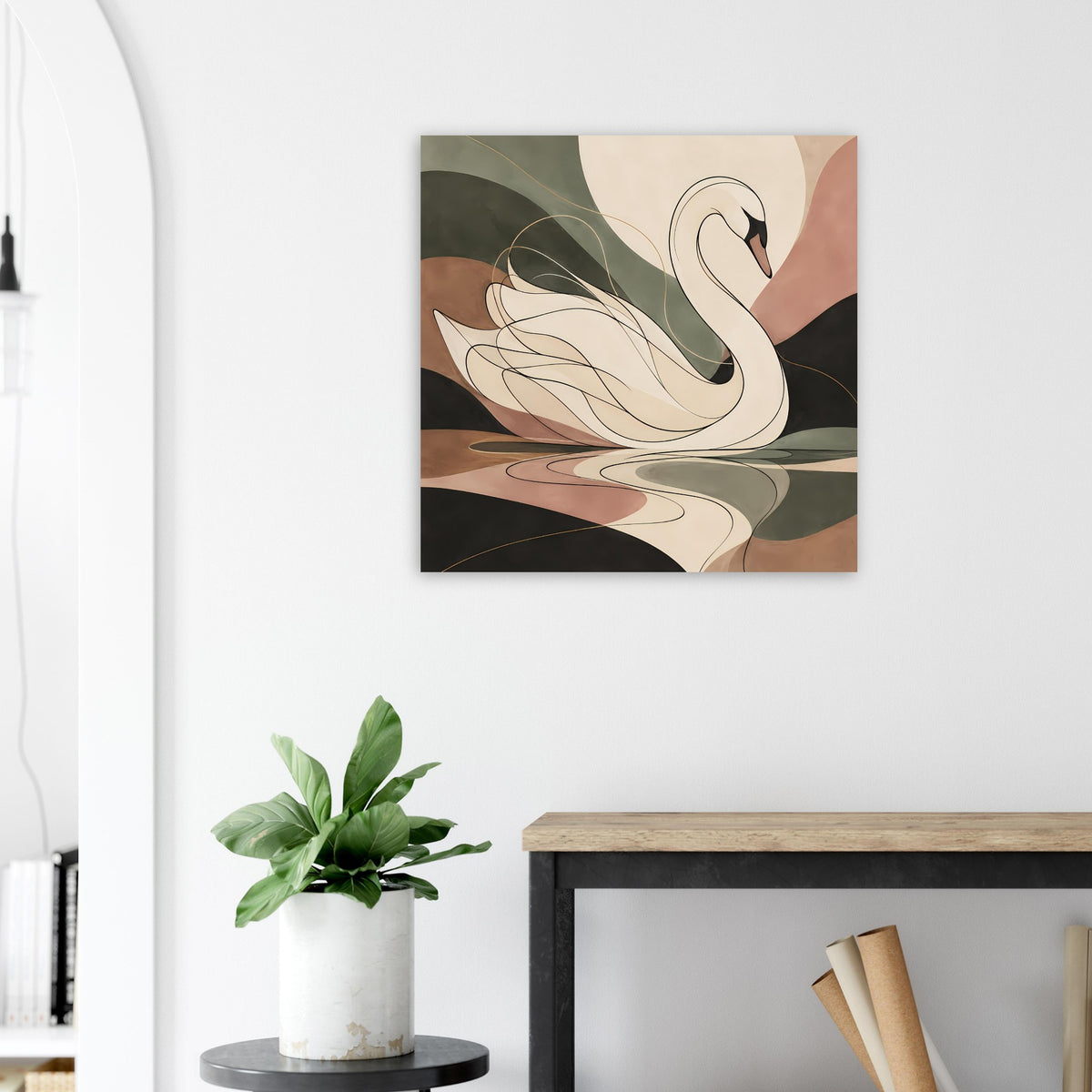 Schwanenposter mit schwarzem Rahmen, weißes Schwanenmotiv auf beigen und grünen Flächen.