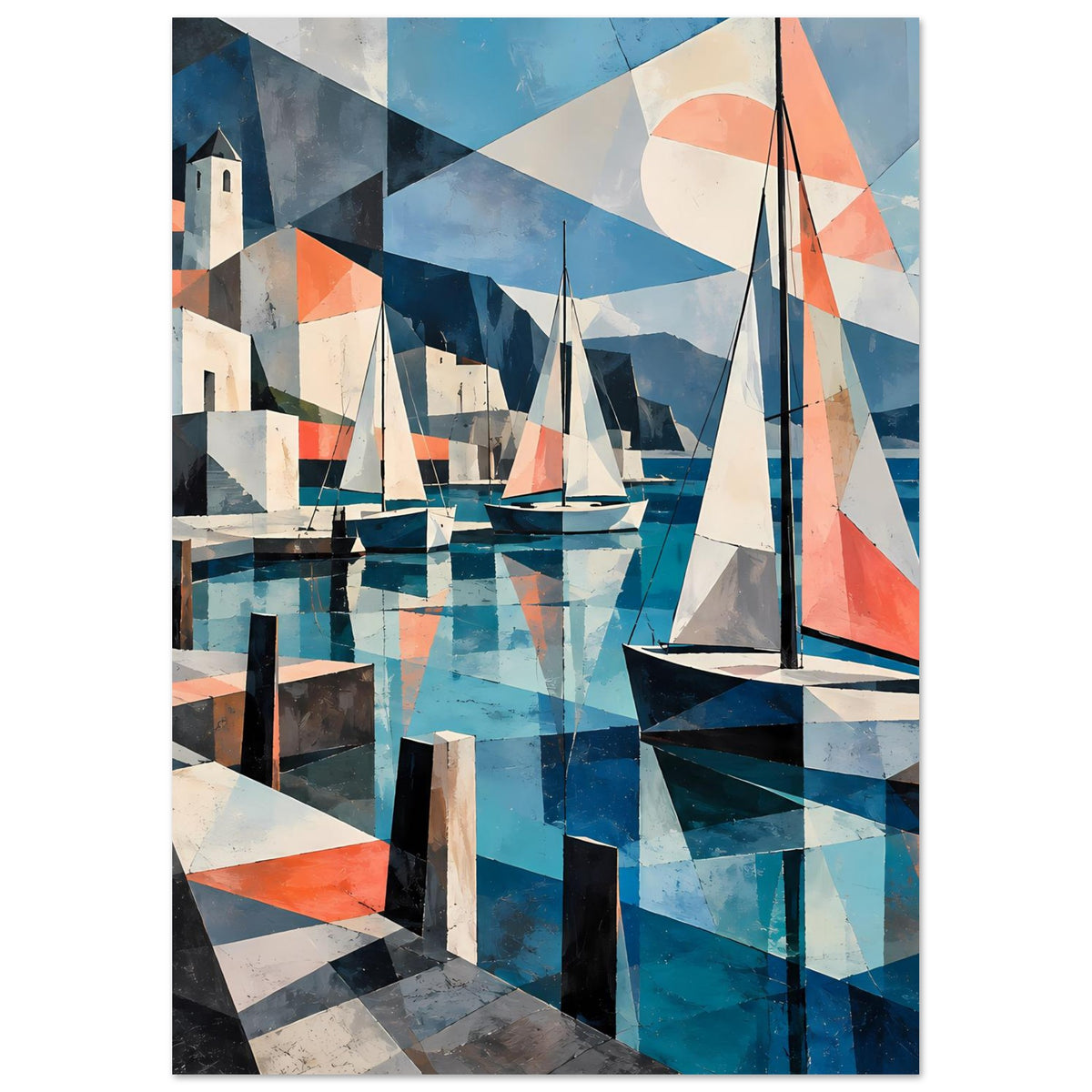 Kubistisches Hafenposter mit Segelbooten und geometrischen Wasserflächen in Blau und Koralle – Ansicht 33