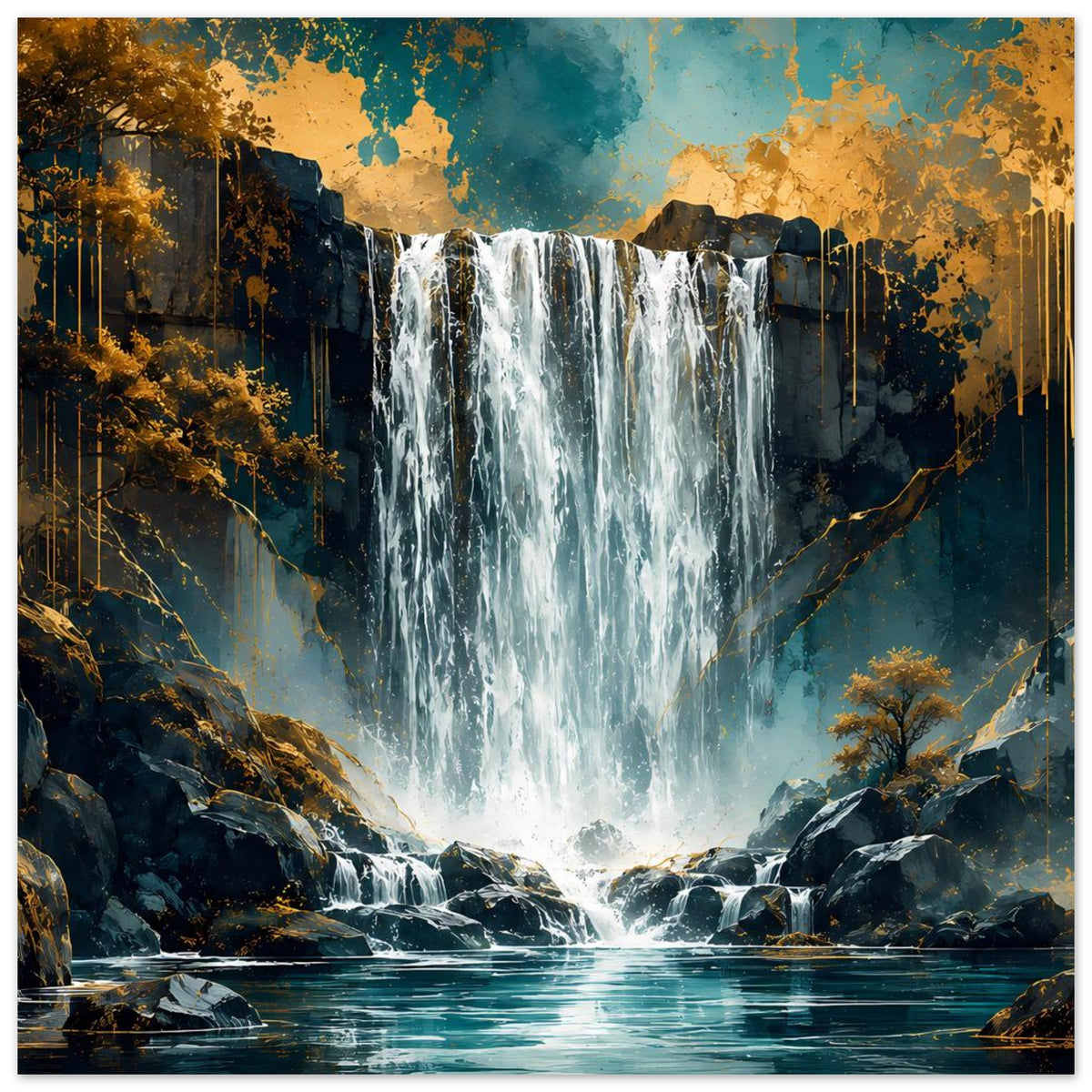 Wasserfall-Poster mit zentralem türkisfarbenem Wasserfall, Felsen und goldenen Spritzern