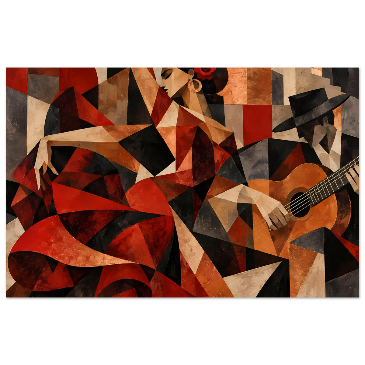 Kunstposter mit abstrakter Flamenco-Tänzerin, rotem Fächer und Gitarre, Collage aus geometrischen Flächen