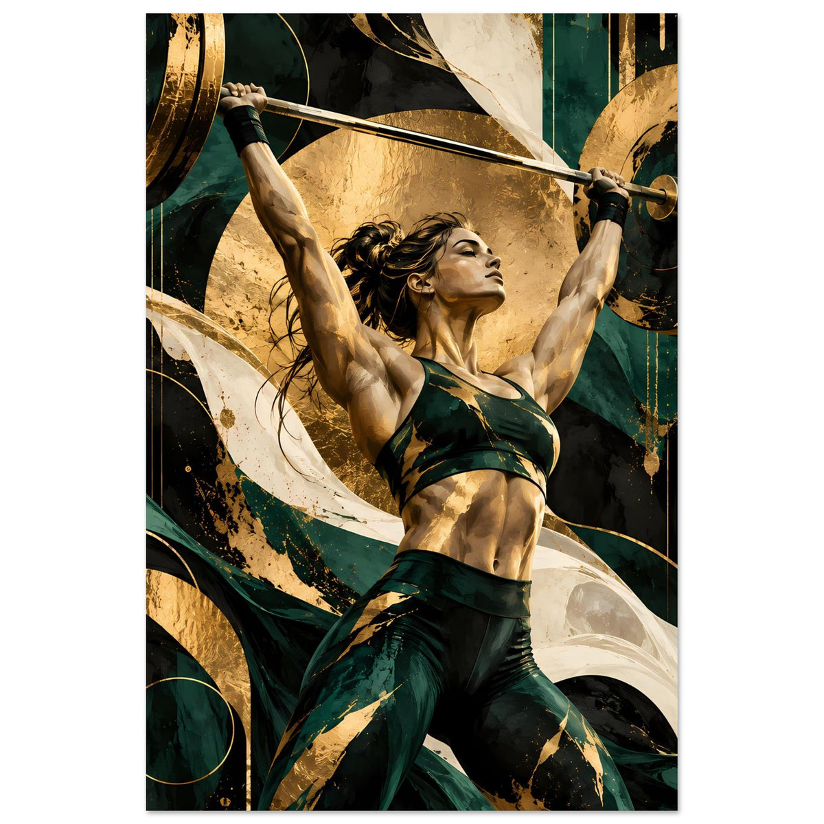 Kunstposter mit Athletin und Langhantel über Kopf, dynamische Farbflächen in Grün und Gold