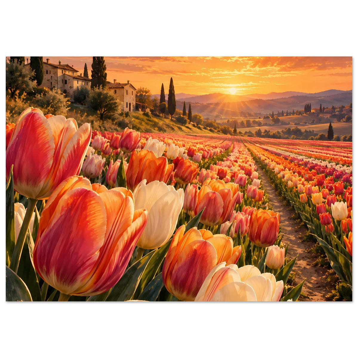 Querformat-Blumenposter mit Tulpenfeld, orange-roter Sonne und Häusern am Hügel links