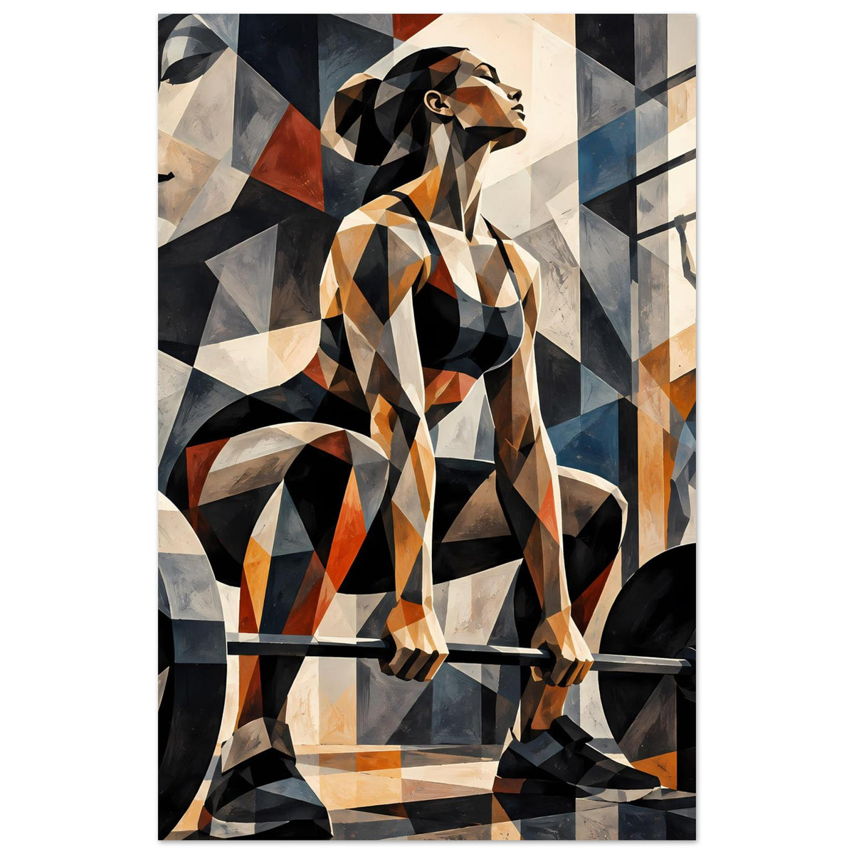 Fitness-Poster mit geometrischer Sportlerin und Hantelstange, abstrakte Gesichter und Formen in Blau, Grau, Orange