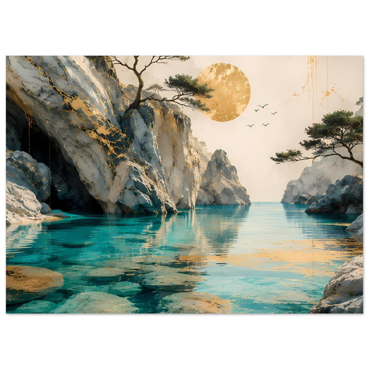 Querformatiges Poster: türkisfarbenes Wasser zwischen Felsenklippen, Baum, goldener Mond