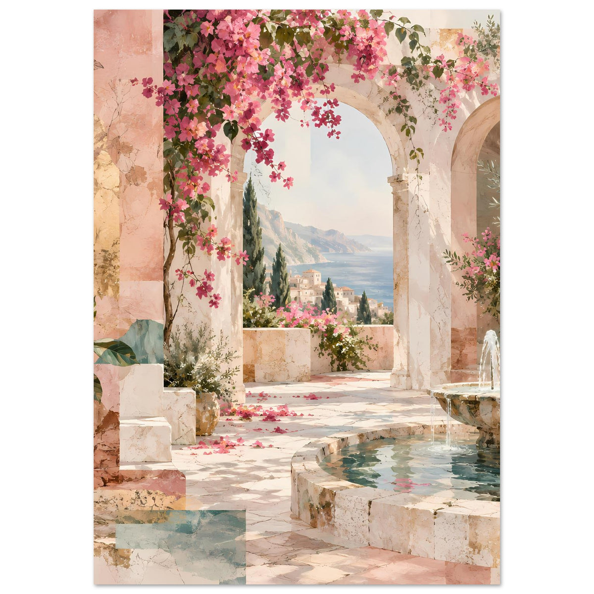 Kunstposter mit Arkadengang, rosa Blüten an Bögen und Brunnenbecken am rechten Rand.