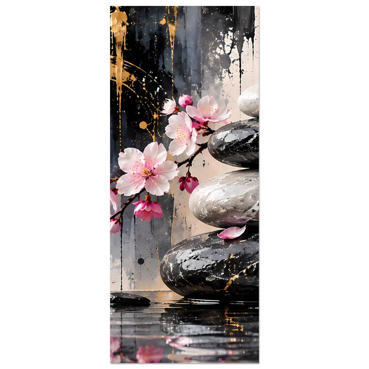 Vertikales Poster mit Kirschblütenzweig und Stapel Wellness-Steinen