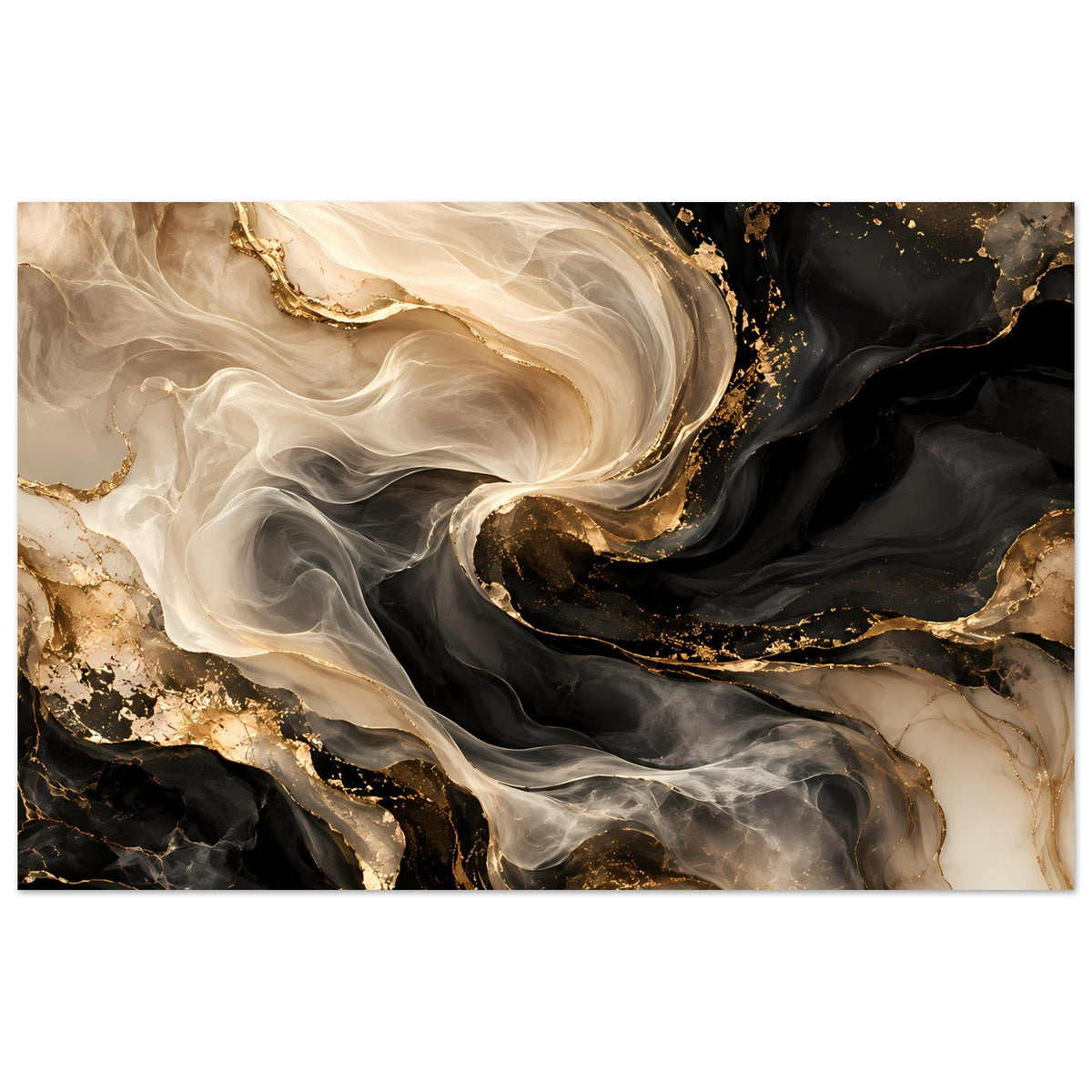 Horizontales abstraktes Poster: cremefarbene und schwarze Wirbel mit goldenen Spritzern