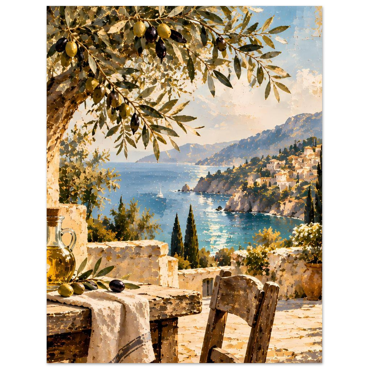 Poster: Olivenzweig, goldene Felsen, blaues Meer und Aussicht auf Küstenhäuser
