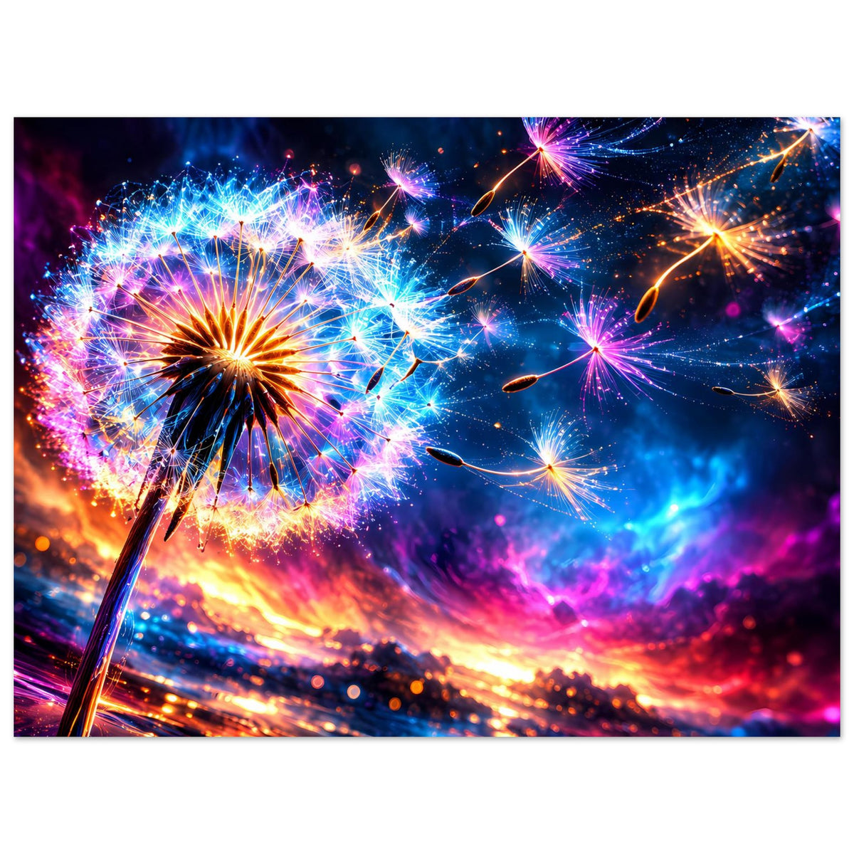 Poster: Farbintensives Feuerwerk mit blauem Leuchten, orange-roten Bahnen und violetten Funkenschleiern