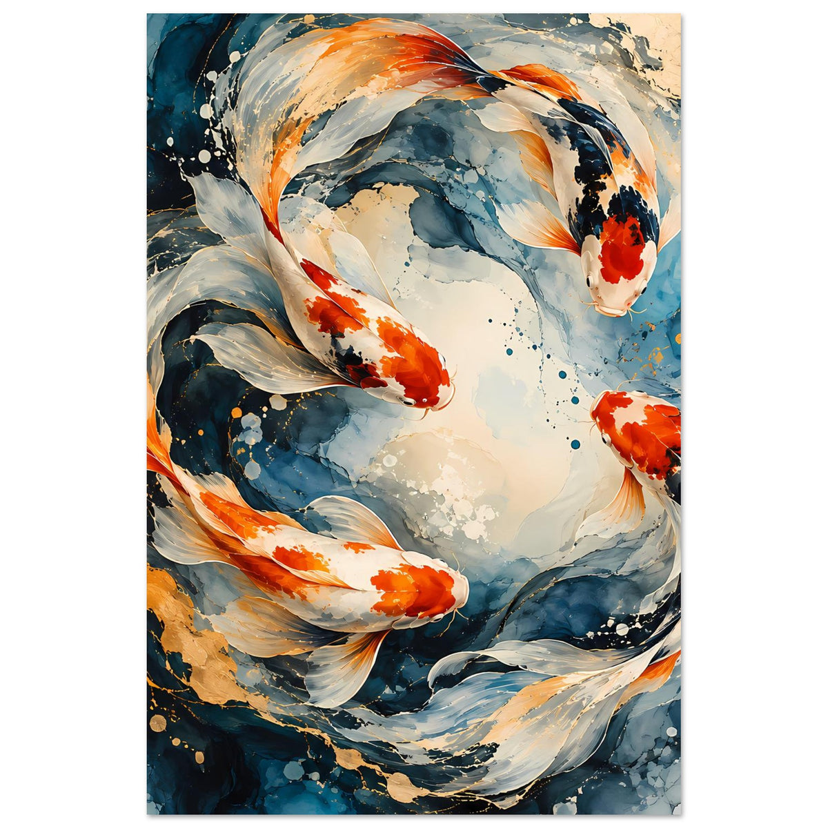 Japanisches Poster mit Koi-Fischen im Wasserwirbel, blau-grau und orange-rot